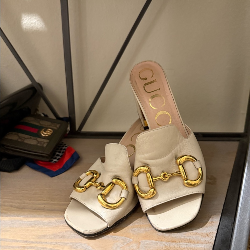 Gucci Women's Cream Mules with Gold Hardware